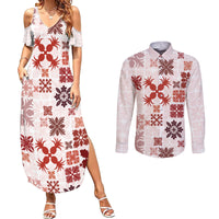 Vintage Hawaii Couples Matching Summer Maxi Dress and Long Sleeve Button Shirts Hawaiian Quilt Kapa Mismatch Red LT7 - Wonder Print Shop