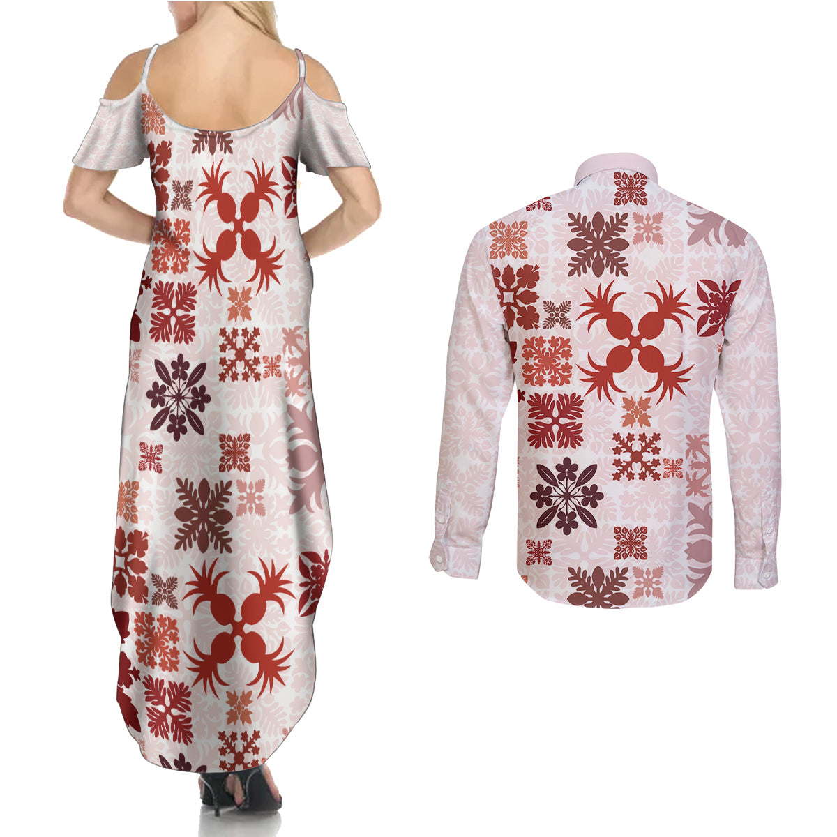 Vintage Hawaii Couples Matching Summer Maxi Dress and Long Sleeve Button Shirts Hawaiian Quilt Kapa Mismatch Red LT7 - Wonder Print Shop