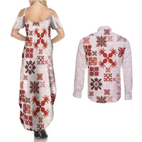 Vintage Hawaii Couples Matching Summer Maxi Dress and Long Sleeve Button Shirts Hawaiian Quilt Kapa Mismatch Red LT7 - Wonder Print Shop