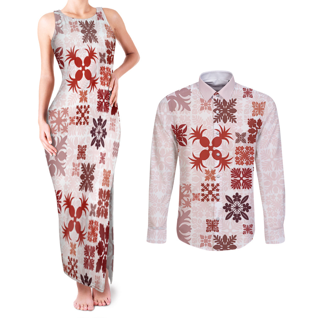 Vintage Hawaii Couples Matching Tank Maxi Dress and Long Sleeve Button Shirts Hawaiian Quilt Kapa Mismatch Red LT7 - Wonder Print Shop