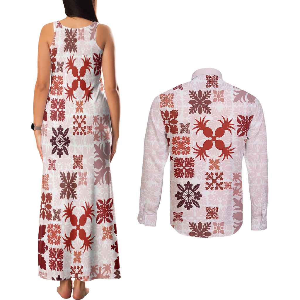 Vintage Hawaii Couples Matching Tank Maxi Dress and Long Sleeve Button Shirts Hawaiian Quilt Kapa Mismatch Red LT7 - Wonder Print Shop