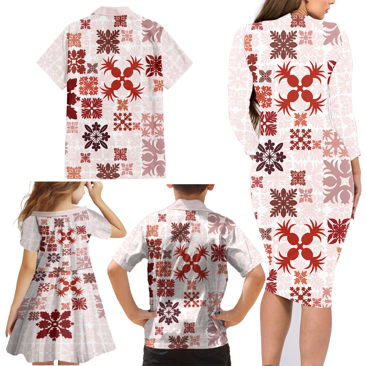 Vintage Hawaii Family Matching Long Sleeve Bodycon Dress and Hawaiian Shirt Hawaiian Quilt Kapa Mismatch Red LT7 - Wonder Print Shop