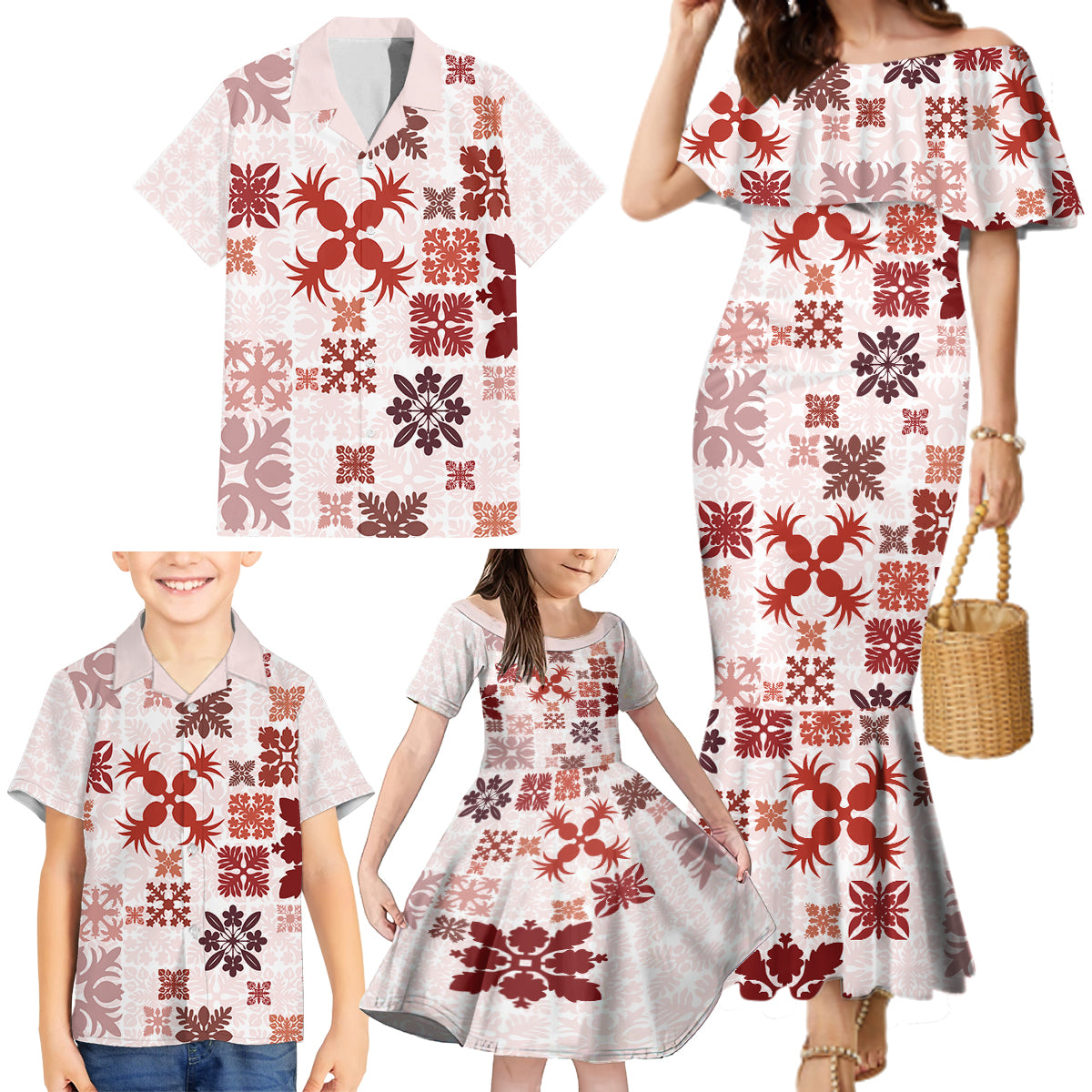 Vintage Hawaii Family Matching Mermaid Dress and Hawaiian Shirt Hawaiian Quilt Kapa Mismatch Red LT7 - Wonder Print Shop