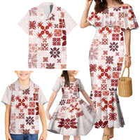 Vintage Hawaii Family Matching Mermaid Dress and Hawaiian Shirt Hawaiian Quilt Kapa Mismatch Red LT7 - Wonder Print Shop