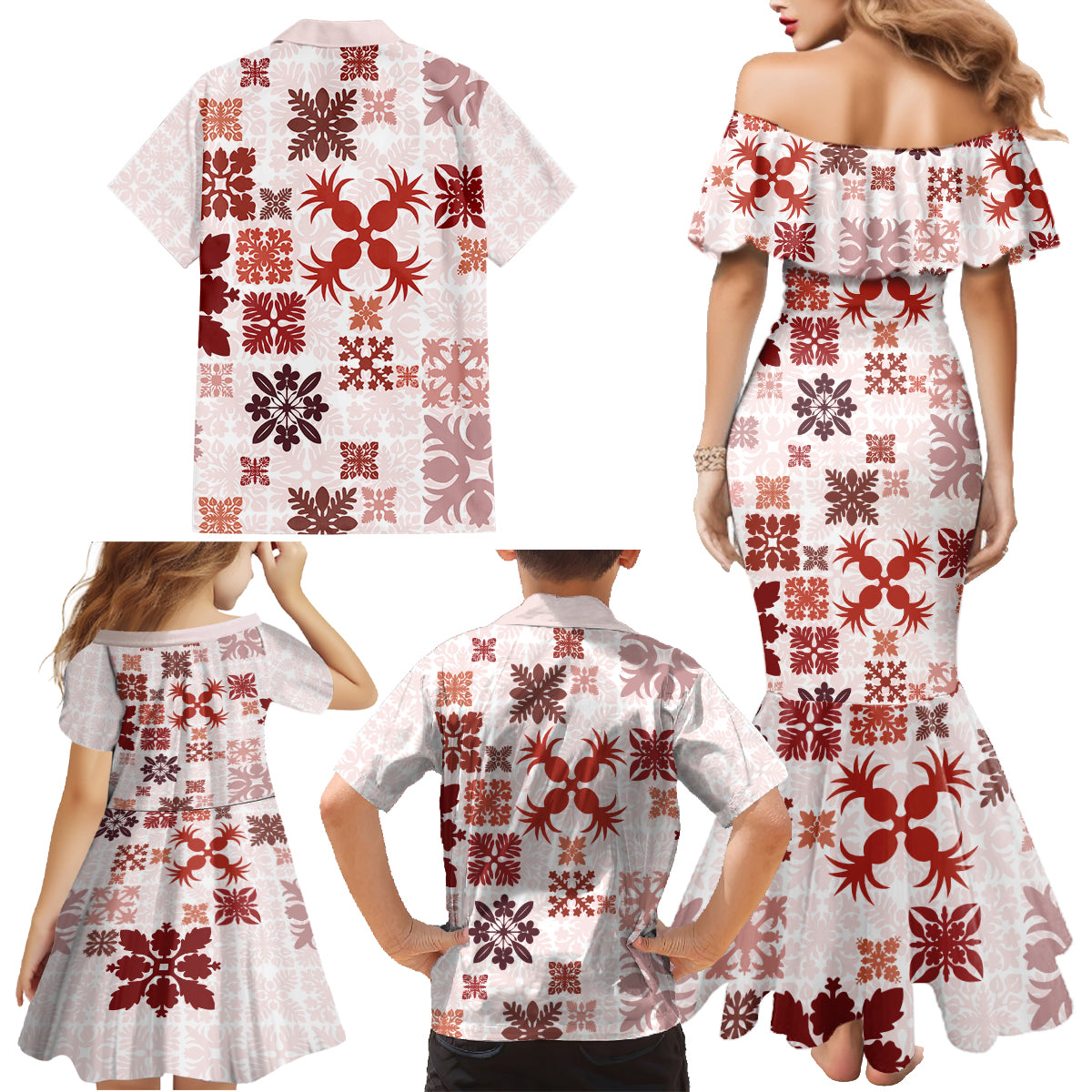 Vintage Hawaii Family Matching Mermaid Dress and Hawaiian Shirt Hawaiian Quilt Kapa Mismatch Red LT7 - Wonder Print Shop
