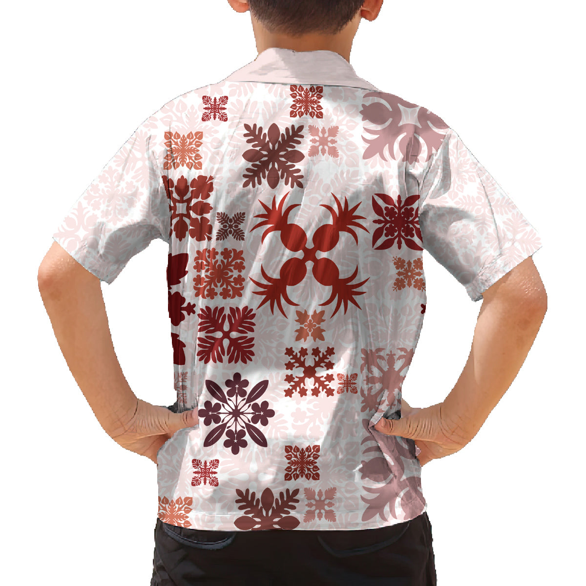 Vintage Hawaii Family Matching Off Shoulder Long Sleeve Dress and Hawaiian Shirt Hawaiian Quilt Kapa Mismatch Red - Wonder Print Shop