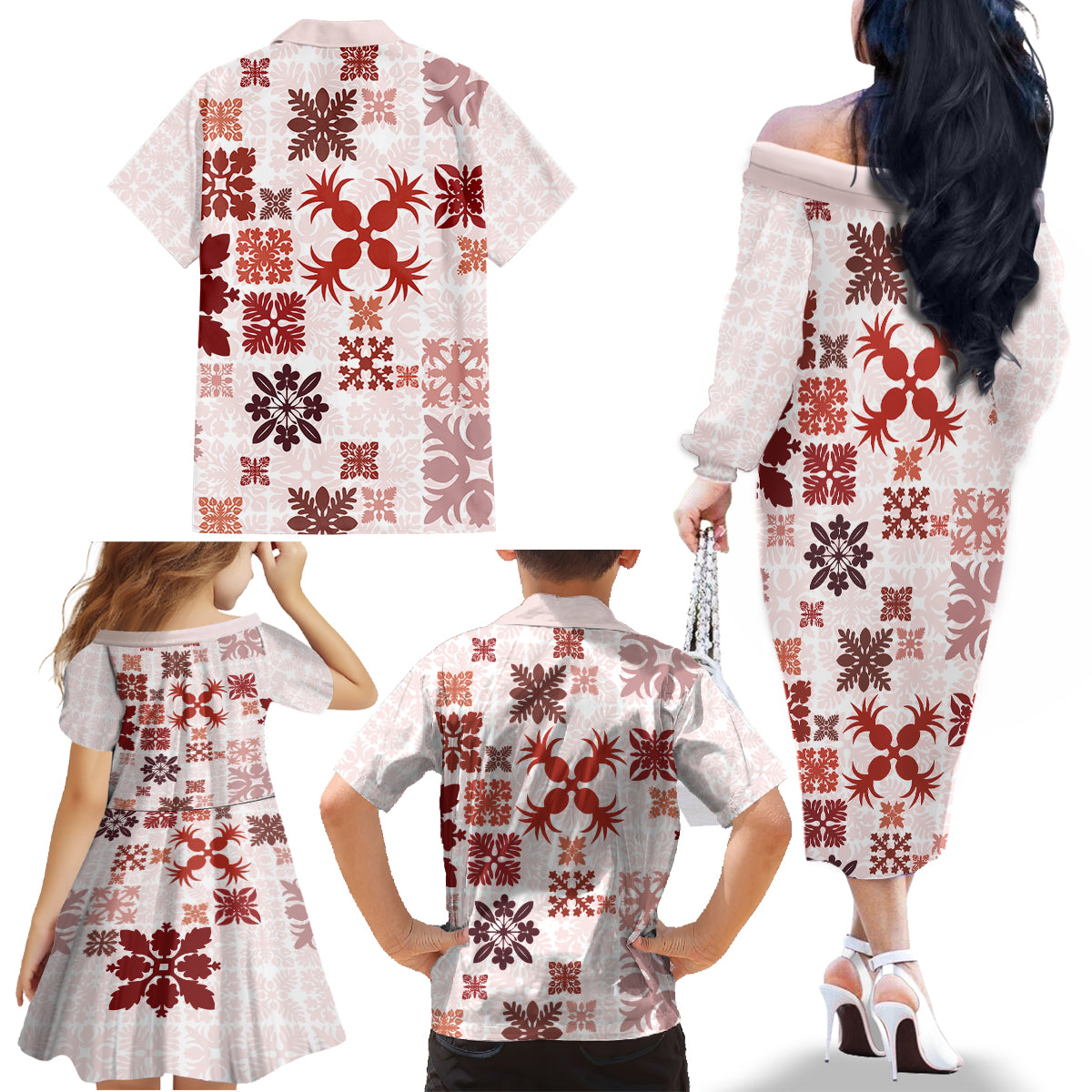 Vintage Hawaii Family Matching Off Shoulder Long Sleeve Dress and Hawaiian Shirt Hawaiian Quilt Kapa Mismatch Red - Wonder Print Shop