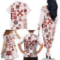 Vintage Hawaii Family Matching Off Shoulder Long Sleeve Dress and Hawaiian Shirt Hawaiian Quilt Kapa Mismatch Red - Wonder Print Shop