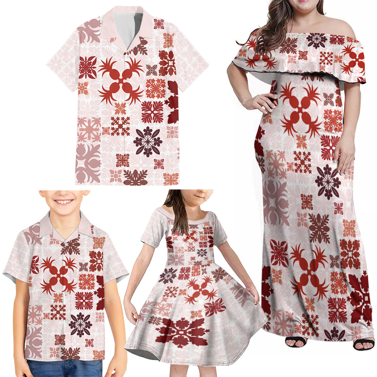 Vintage Hawaii Family Matching Off Shoulder Maxi Dress and Hawaiian Shirt Hawaiian Quilt Kapa Mismatch Red LT7 - Wonder Print Shop