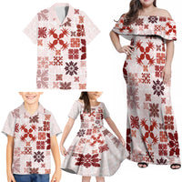 Vintage Hawaii Family Matching Off Shoulder Maxi Dress and Hawaiian Shirt Hawaiian Quilt Kapa Mismatch Red LT7 - Wonder Print Shop