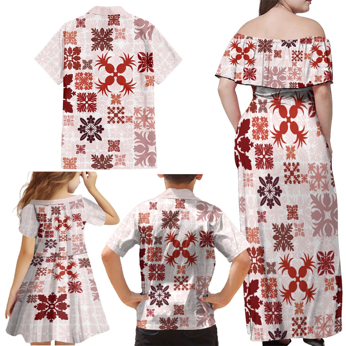 Vintage Hawaii Family Matching Off Shoulder Maxi Dress and Hawaiian Shirt Hawaiian Quilt Kapa Mismatch Red LT7 - Wonder Print Shop