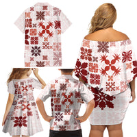 Vintage Hawaii Family Matching Off Shoulder Short Dress and Hawaiian Shirt Hawaiian Quilt Kapa Mismatch Red LT7 - Wonder Print Shop