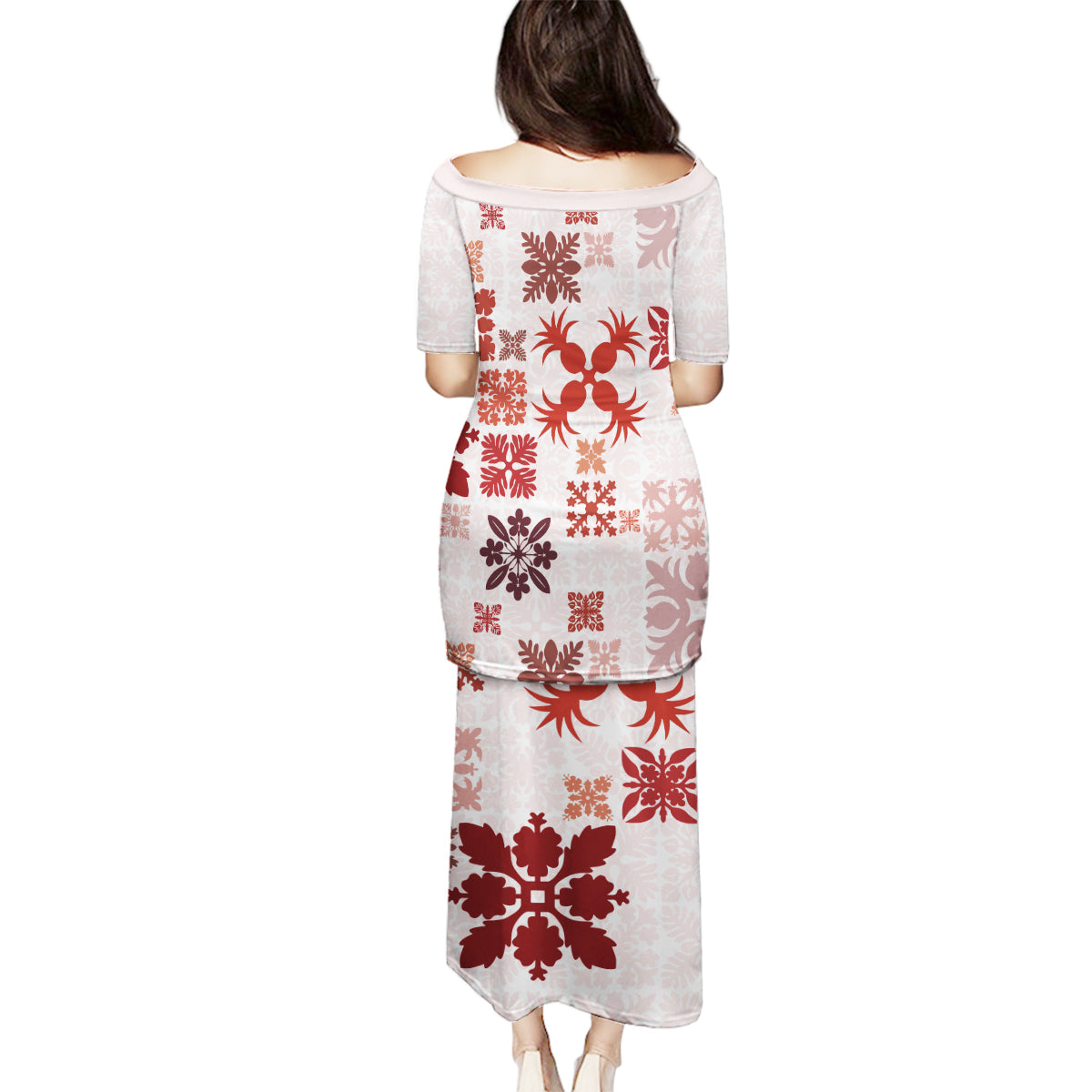 Vintage Hawaii Family Matching Puletasi Dress and Hawaiian Shirt Hawaiian Quilt Kapa Mismatch Red - Wonder Print Shop