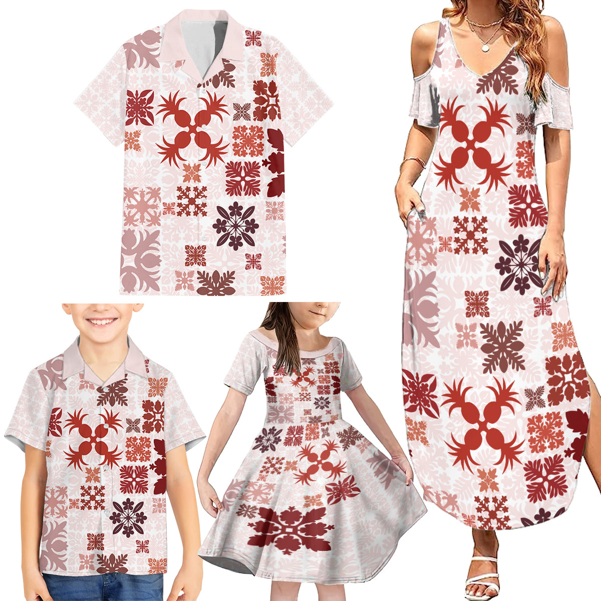 Vintage Hawaii Family Matching Summer Maxi Dress and Hawaiian Shirt Hawaiian Quilt Kapa Mismatch Red - Wonder Print Shop