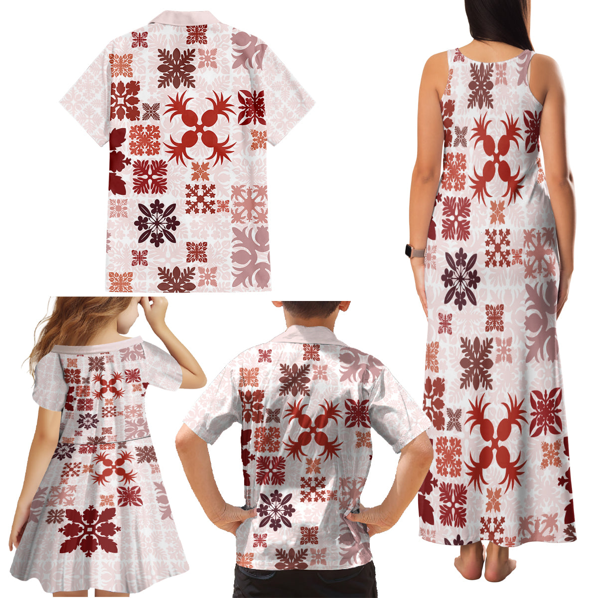 Vintage Hawaii Family Matching Tank Maxi Dress and Hawaiian Shirt Hawaiian Quilt Kapa Mismatch Red - Wonder Print Shop