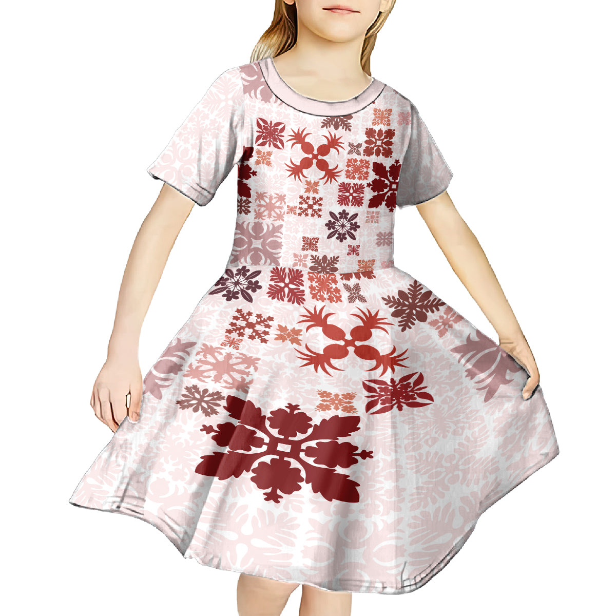 Vintage Hawaii Kid Short Sleeve Dress Hawaiian Quilt Kapa Mismatch Red - Wonder Print Shop