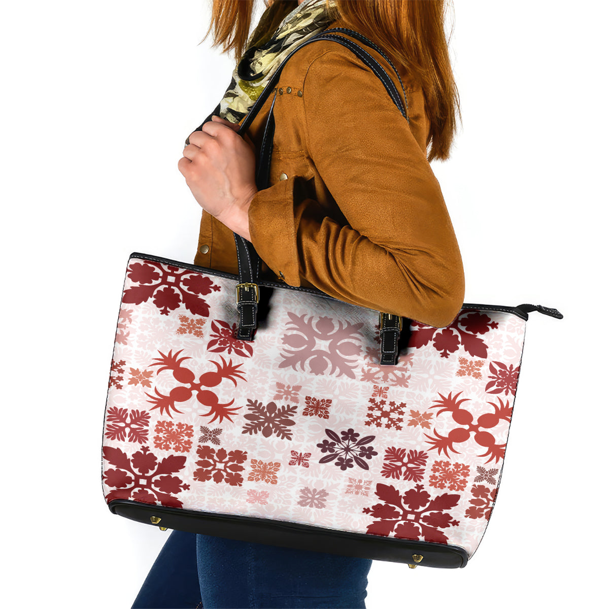 Vintage Hawaii Leather Tote Bag Hawaiian Quilt Kapa Mismatch Red - Wonder Print Shop