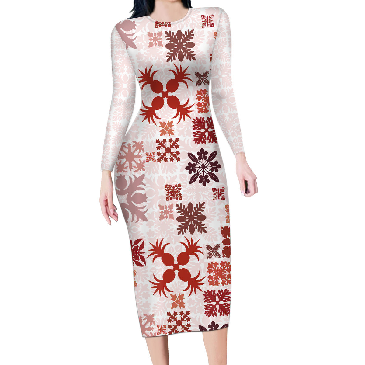 Vintage Hawaii Long Sleeve Bodycon Dress Hawaiian Quilt Kapa Mismatch Red - Wonder Print Shop