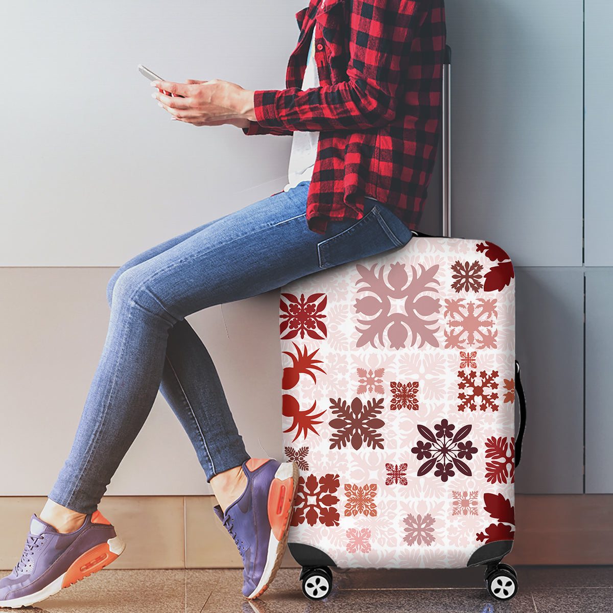 Vintage Hawaii Luggage Cover Hawaiian Quilt Kapa Mismatch Red - Wonder Print Shop