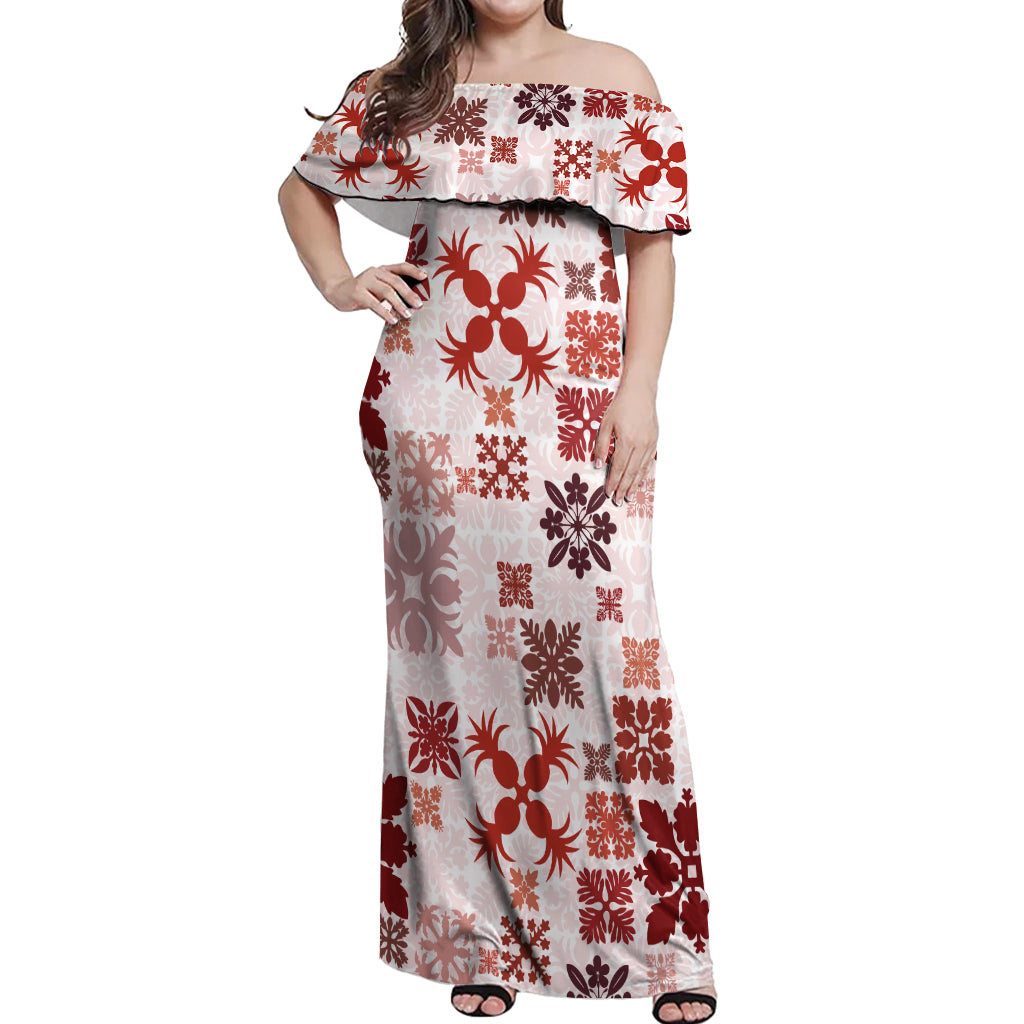 Vintage Hawaii Off Shoulder Maxi Dress Hawaiian Quilt Kapa Mismatch Red - Wonder Print Shop