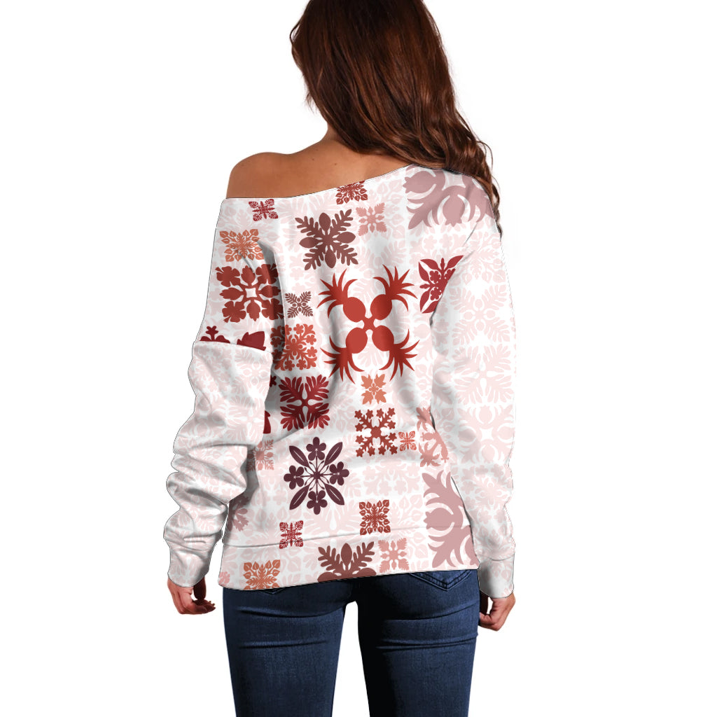 Vintage Hawaii Off Shoulder Sweater Hawaiian Quilt Kapa Mismatch Red - Wonder Print Shop
