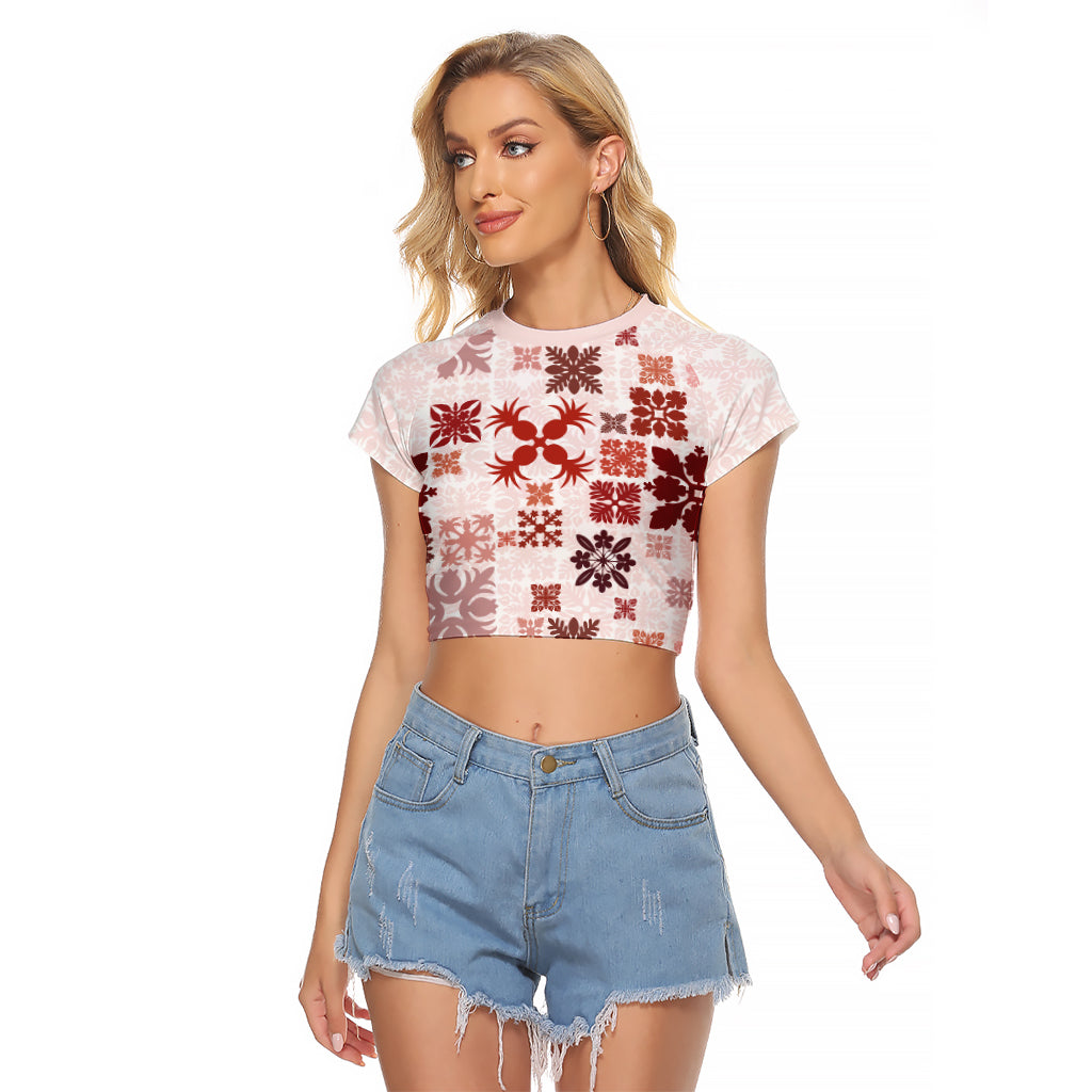 Vintage Hawaii Raglan Cropped T Shirt Hawaiian Quilt Kapa Mismatch Red - Wonder Print Shop