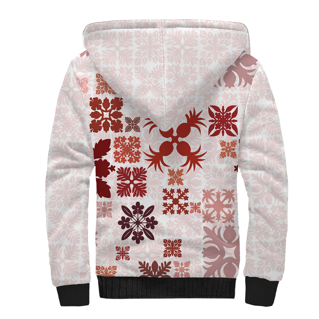 Vintage Hawaii Sherpa Hoodie Hawaiian Quilt Kapa Mismatch Red - Wonder Print Shop