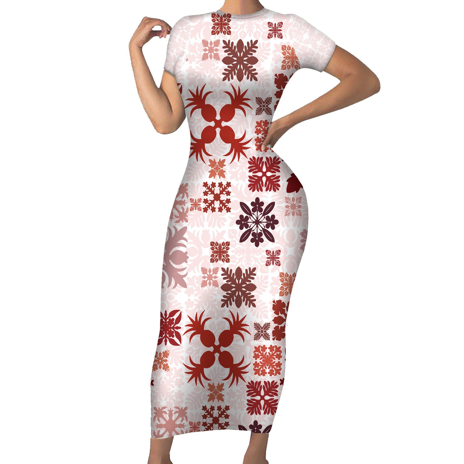 Vintage Hawaii Short Sleeve Bodycon Dress Hawaiian Quilt Kapa Mismatch Red - Wonder Print Shop