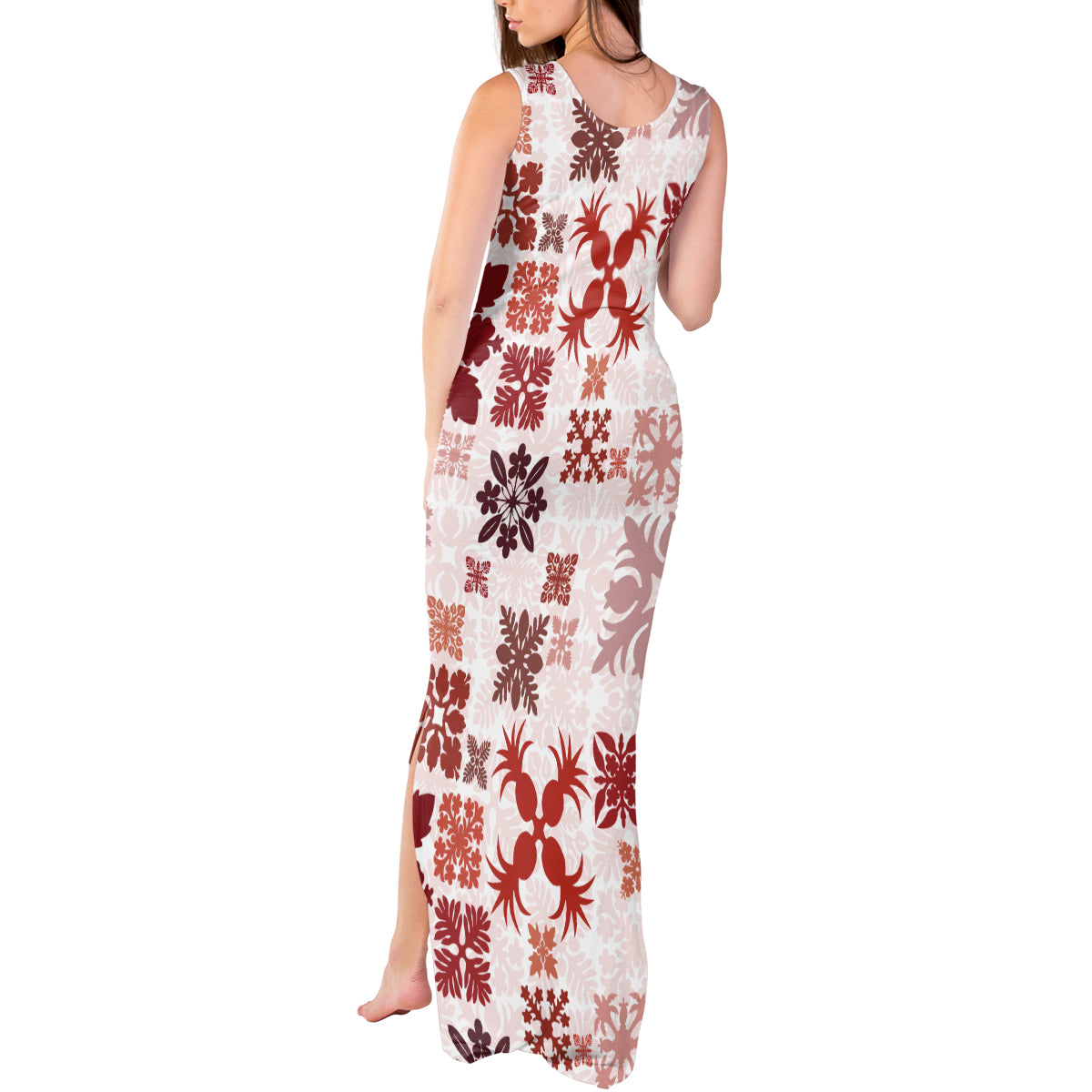 Vintage Hawaii Tank Maxi Dress Hawaiian Quilt Kapa Mismatch Red - Wonder Print Shop