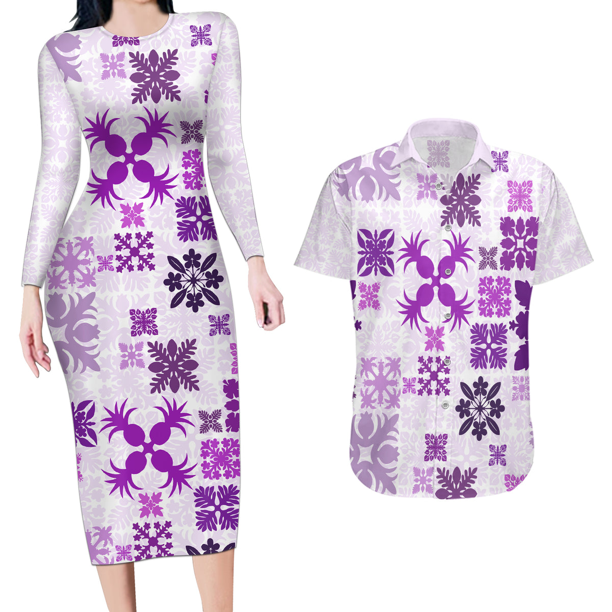 Vintage Hawaii Couples Matching Long Sleeve Bodycon Dress and Hawaiian Shirt Hawaiian Quilt Kapa Mismatch Purple LT7 - Wonder Print Shop