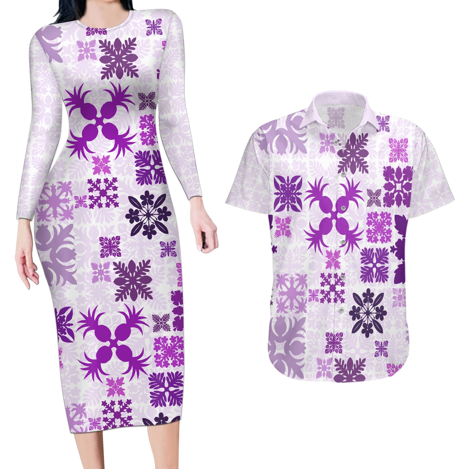 Vintage Hawaii Couples Matching Long Sleeve Bodycon Dress and Hawaiian Shirt Hawaiian Quilt Kapa Mismatch Purple LT7 - Wonder Print Shop