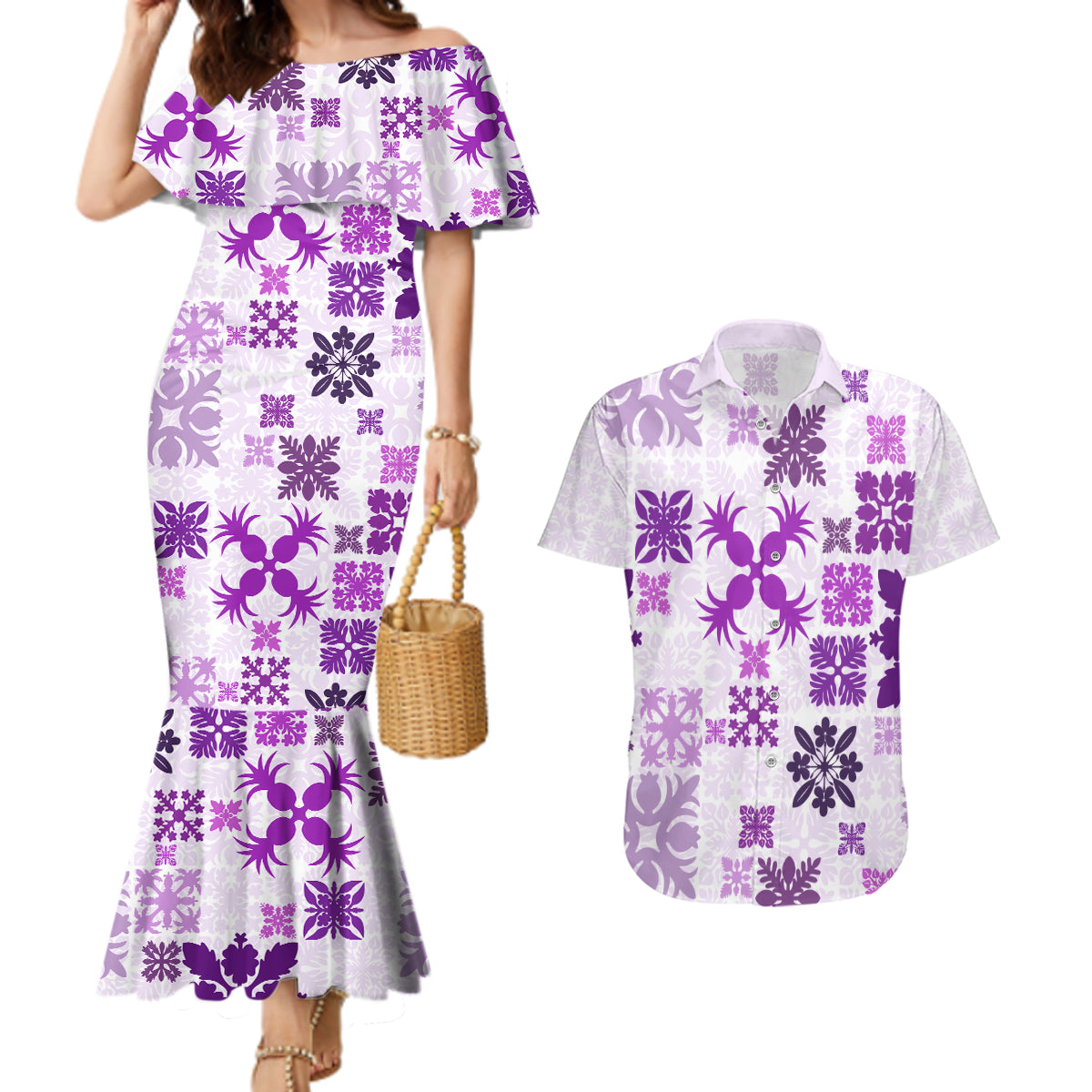 Vintage Hawaii Couples Matching Mermaid Dress and Hawaiian Shirt Hawaiian Quilt Kapa Mismatch Purple LT7 - Wonder Print Shop