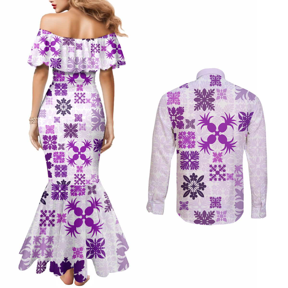vintage-hawaii-couples-matching-mermaid-dress-and-long-sleeve-button-shirts-hawaiian-quilt-kapa-mismatch-purple