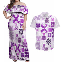 Vintage Hawaii Couples Matching Off Shoulder Maxi Dress and Hawaiian Shirt Hawaiian Quilt Kapa Mismatch Purple LT7 - Wonder Print Shop