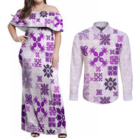 Vintage Hawaii Couples Matching Off Shoulder Maxi Dress and Long Sleeve Button Shirts Hawaiian Quilt Kapa Mismatch Purple LT7 - Wonder Print Shop