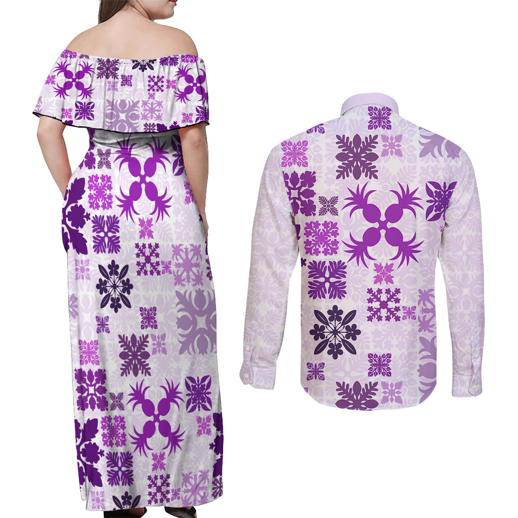 Vintage Hawaii Couples Matching Off Shoulder Maxi Dress and Long Sleeve Button Shirts Hawaiian Quilt Kapa Mismatch Purple LT7 - Wonder Print Shop