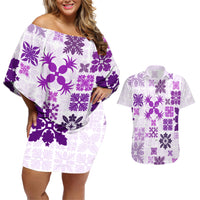 Vintage Hawaii Couples Matching Off Shoulder Short Dress and Hawaiian Shirt Hawaiian Quilt Kapa Mismatch Purple LT7 - Wonder Print Shop
