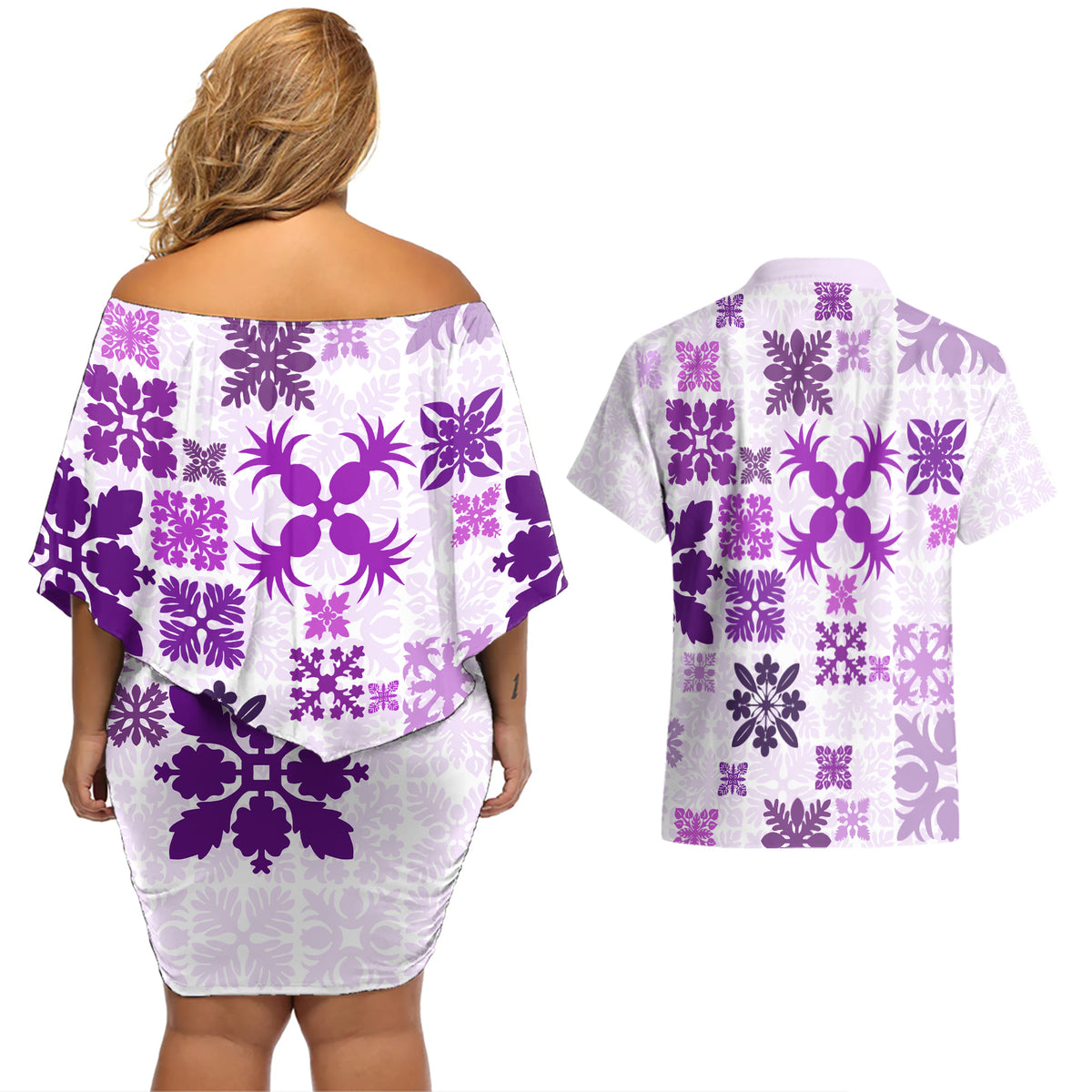 Vintage Hawaii Couples Matching Off Shoulder Short Dress and Hawaiian Shirt Hawaiian Quilt Kapa Mismatch Purple LT7 - Wonder Print Shop