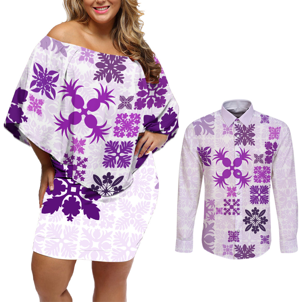 Vintage Hawaii Couples Matching Off Shoulder Short Dress and Long Sleeve Button Shirts Hawaiian Quilt Kapa Mismatch Purple LT7 - Wonder Print Shop