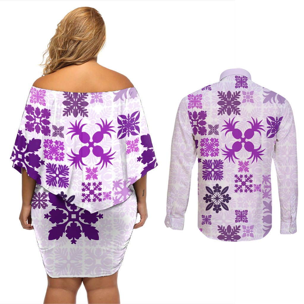 Vintage Hawaii Couples Matching Off Shoulder Short Dress and Long Sleeve Button Shirts Hawaiian Quilt Kapa Mismatch Purple LT7 - Wonder Print Shop