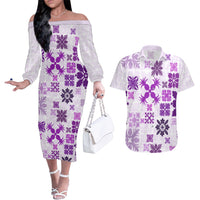 Vintage Hawaii Couples Matching Off The Shoulder Long Sleeve Dress and Hawaiian Shirt Hawaiian Quilt Kapa Mismatch Purple LT7 - Wonder Print Shop