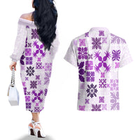 Vintage Hawaii Couples Matching Off The Shoulder Long Sleeve Dress and Hawaiian Shirt Hawaiian Quilt Kapa Mismatch Purple LT7 - Wonder Print Shop
