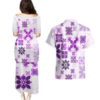 Vintage Hawaii Couples Matching Puletasi Dress and Hawaiian Shirt Hawaiian Quilt Kapa Mismatch Purple LT7 - Wonder Print Shop