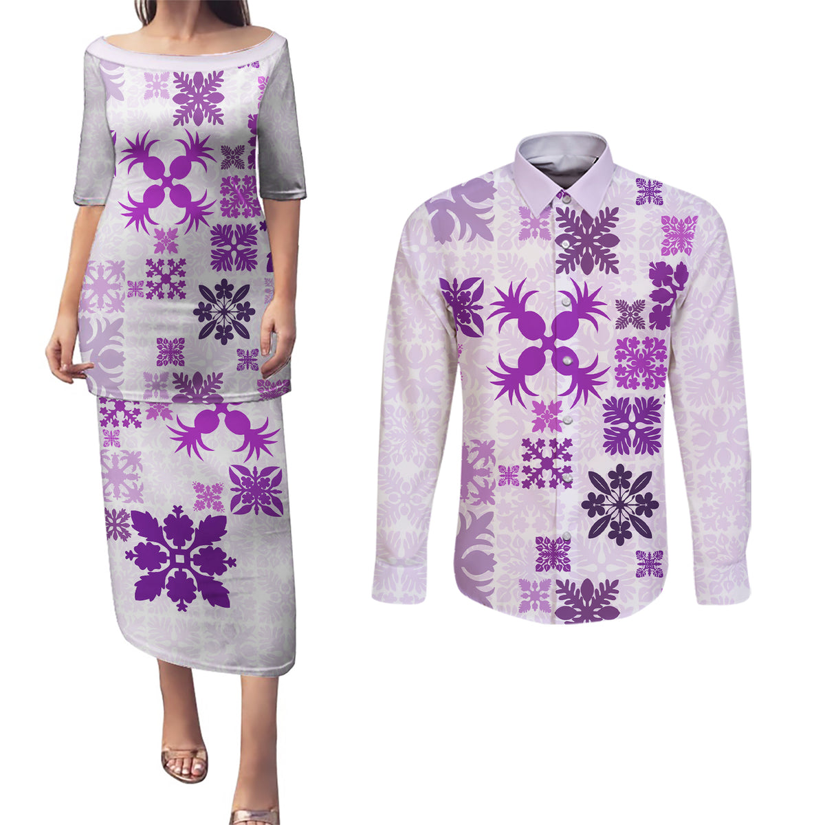 Vintage Hawaii Couples Matching Puletasi Dress and Long Sleeve Button Shirts Hawaiian Quilt Kapa Mismatch Purple LT7 - Wonder Print Shop