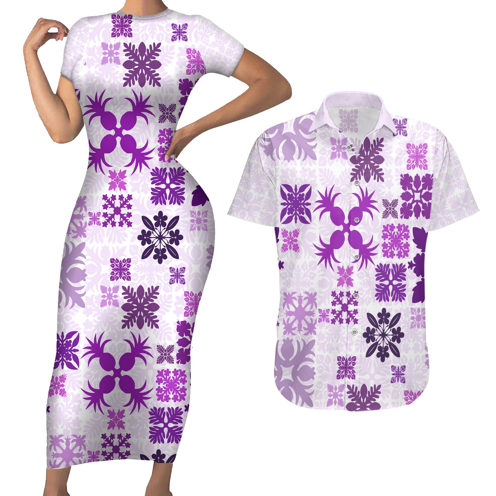 Vintage Hawaii Couples Matching Short Sleeve Bodycon Dress and Hawaiian Shirt Hawaiian Quilt Kapa Mismatch Purple LT7 - Wonder Print Shop