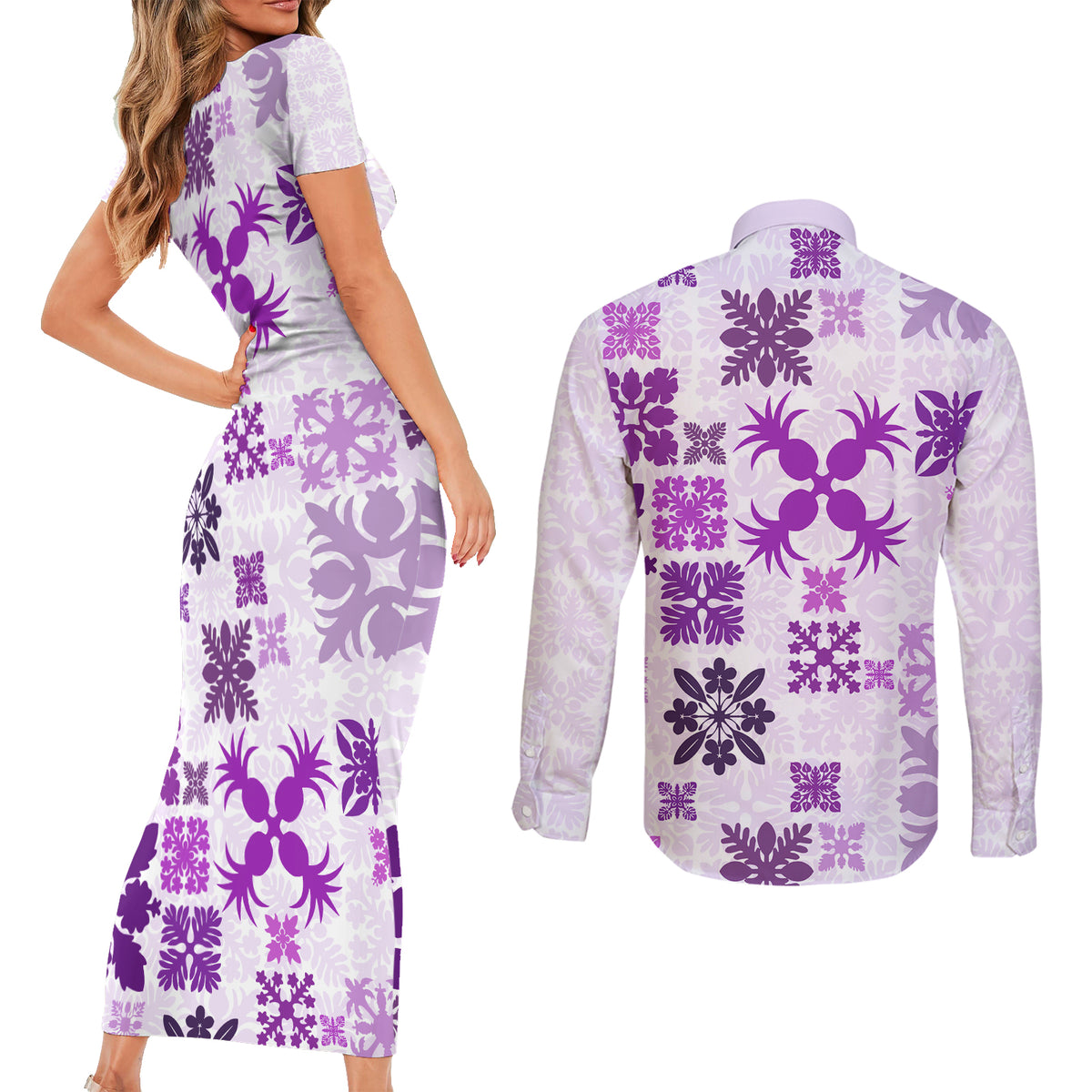 Vintage Hawaii Couples Matching Short Sleeve Bodycon Dress and Long Sleeve Button Shirts Hawaiian Quilt Kapa Mismatch Purple LT7 - Wonder Print Shop