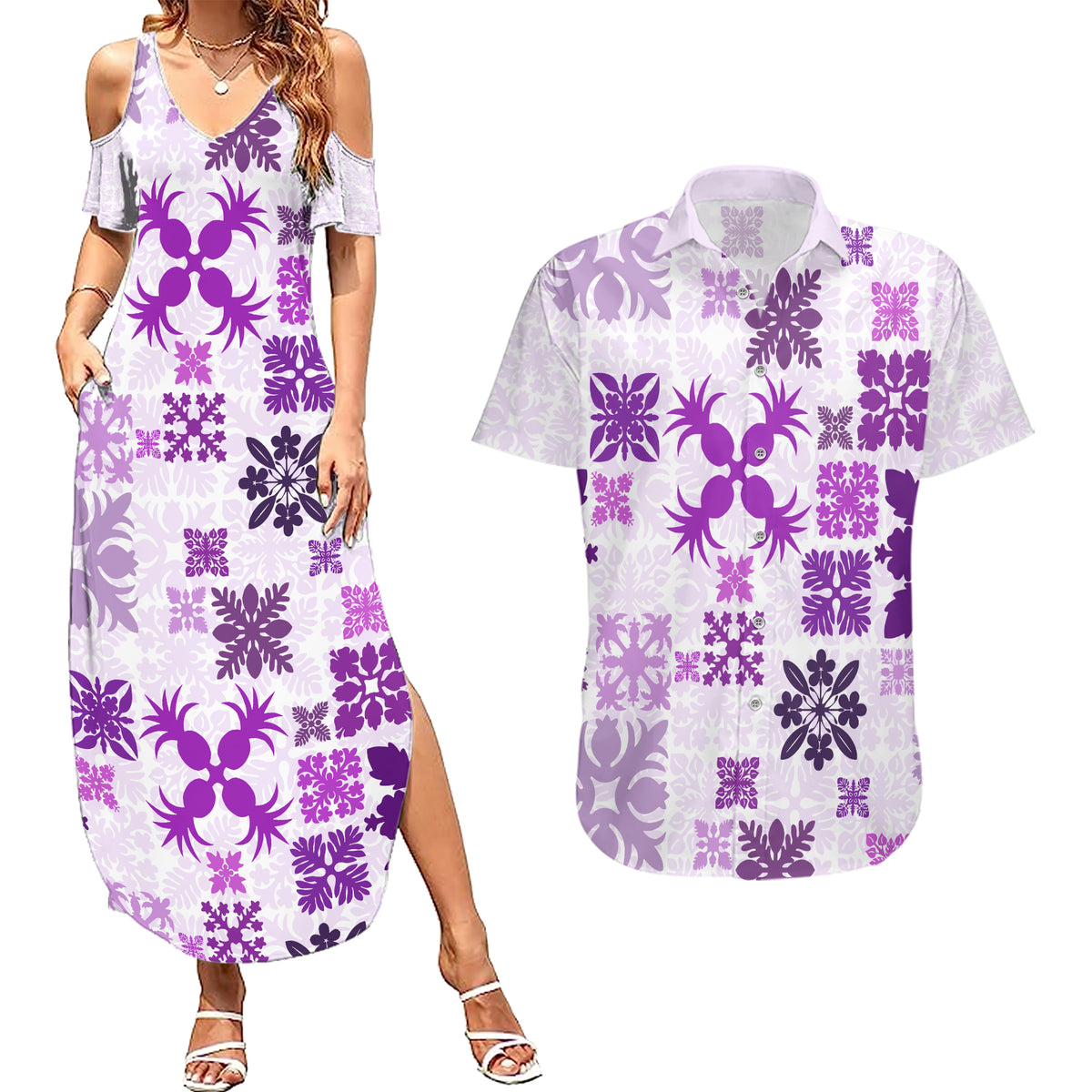 Vintage Hawaii Couples Matching Summer Maxi Dress and Hawaiian Shirt Hawaiian Quilt Kapa Mismatch Purple LT7 - Wonder Print Shop