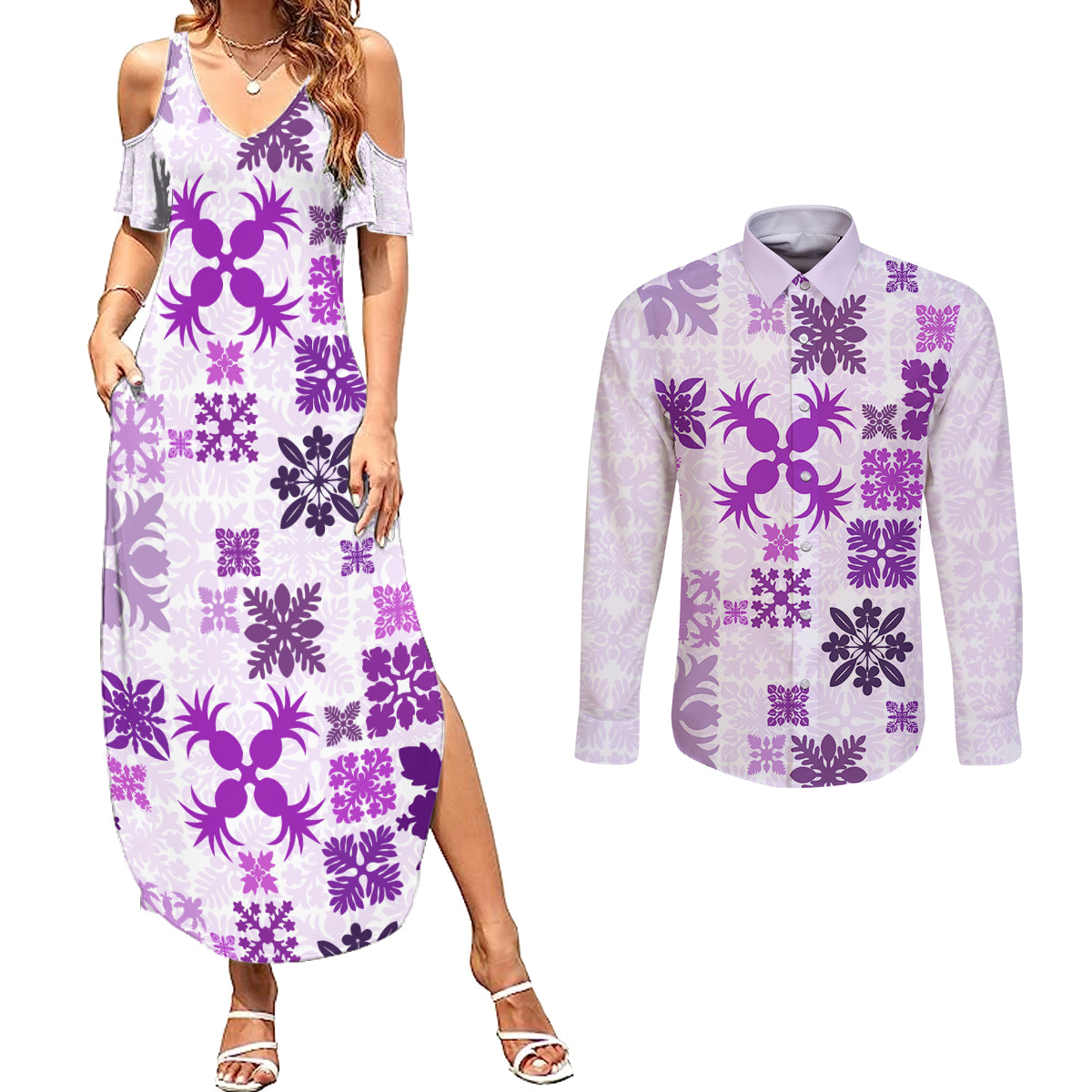 Vintage Hawaii Couples Matching Summer Maxi Dress and Long Sleeve Button Shirts Hawaiian Quilt Kapa Mismatch Purple LT7 - Wonder Print Shop