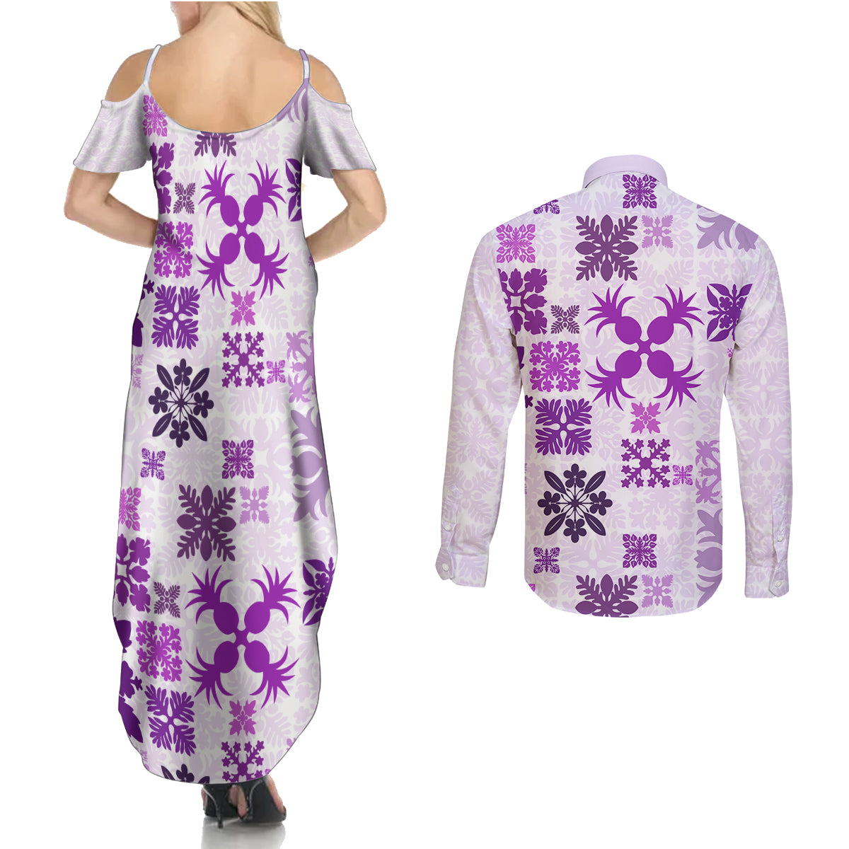Vintage Hawaii Couples Matching Summer Maxi Dress and Long Sleeve Button Shirts Hawaiian Quilt Kapa Mismatch Purple LT7 - Wonder Print Shop