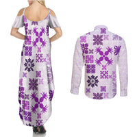 Vintage Hawaii Couples Matching Summer Maxi Dress and Long Sleeve Button Shirts Hawaiian Quilt Kapa Mismatch Purple LT7 - Wonder Print Shop